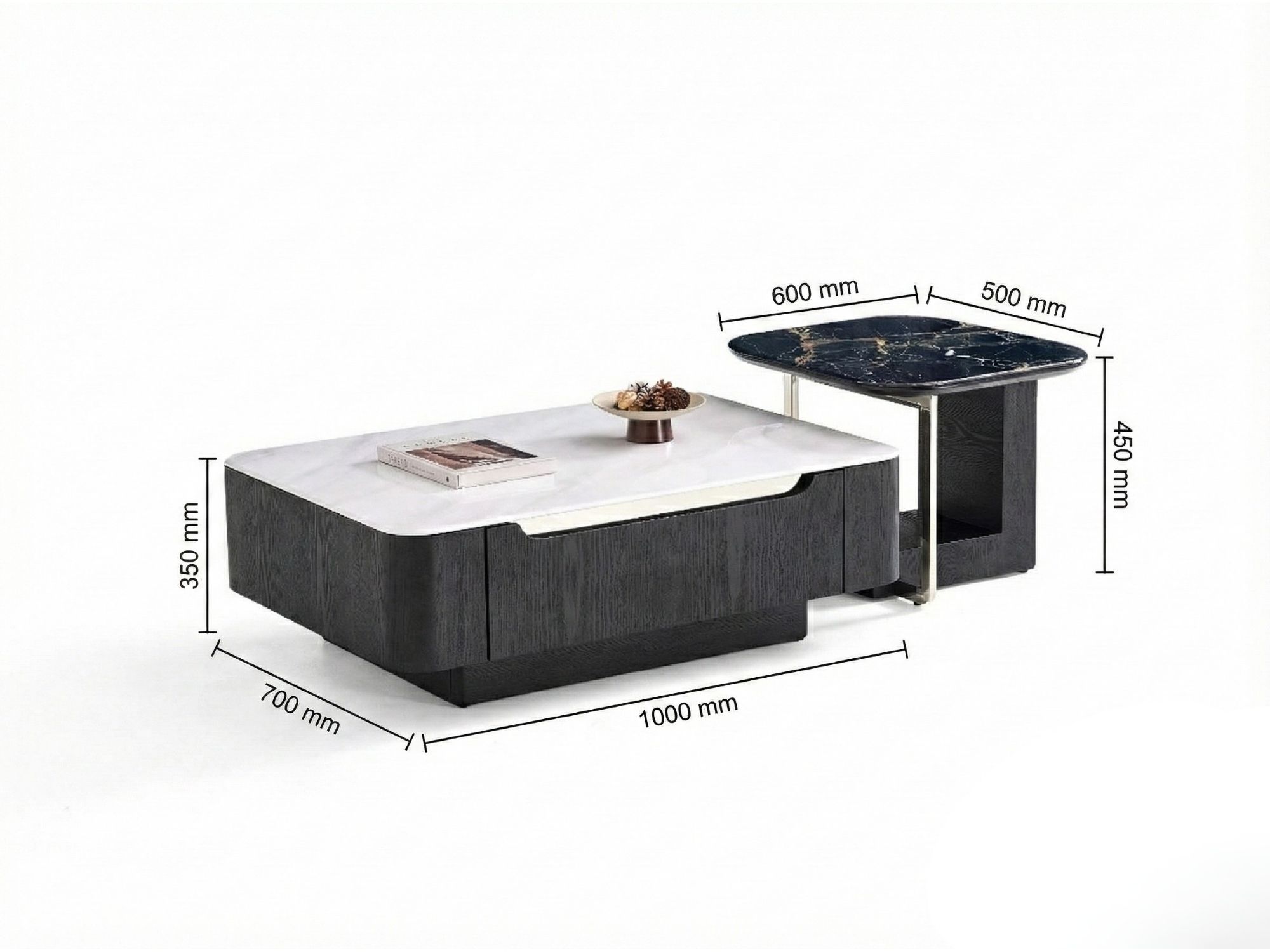 Hình ảnh tổng thể bàn trà đôi BT8630 trên nền trắng, kèm thông số kích thước chi tiết. Bàn lớn L1000*W700*H350mm, bàn nhỏ…