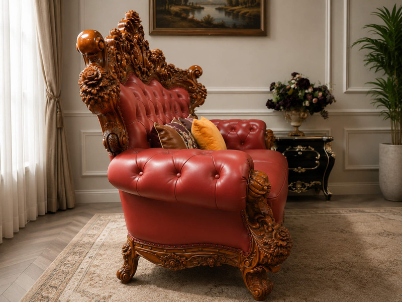Góc chụp cận cảnh từ bên phải của ghế sofa 2 băng GA65, tập trung vào phần tay vịn và lưng ghế. Khung gỗ sồi OAK được chạm…