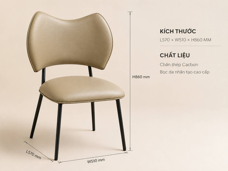 Ghế ăn VELORA màu kem được chụp từ góc chếch phía trước, hiển thị rõ ràng kích thước tổng thể L570*W510*H860MM. Thiết kế h…