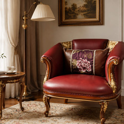 Ghế thư giãn FLORENCE CLASSIC GTG 8802 màu đỏ đô, chụp góc nghiêng bên phải trong không gian phòng khách tân cổ điển. Ghế…