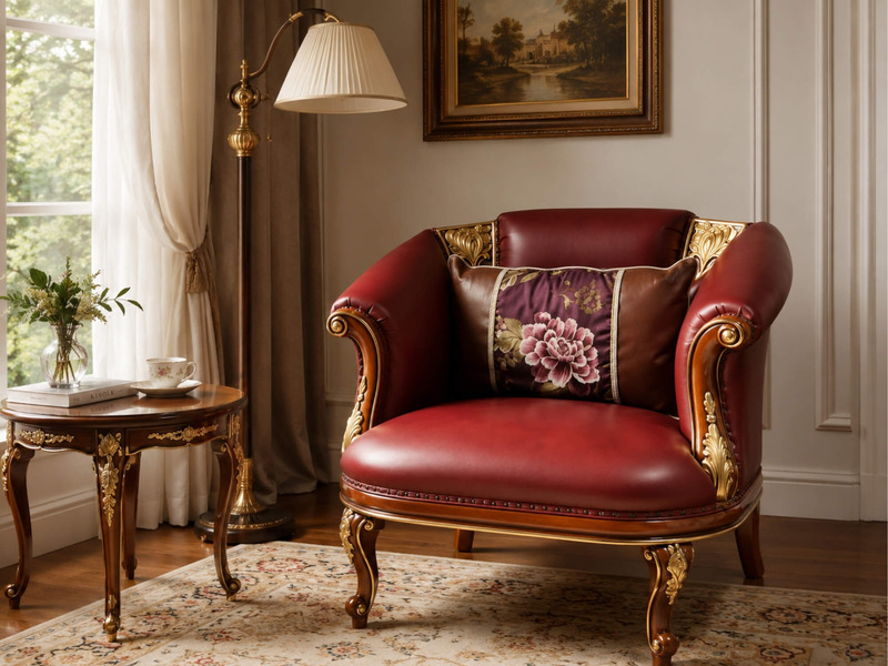 Ghế thư giãn FLORENCE CLASSIC GTG 8802 màu đỏ đô, chụp góc nghiêng bên phải trong không gian phòng khách tân cổ điển. Ghế…