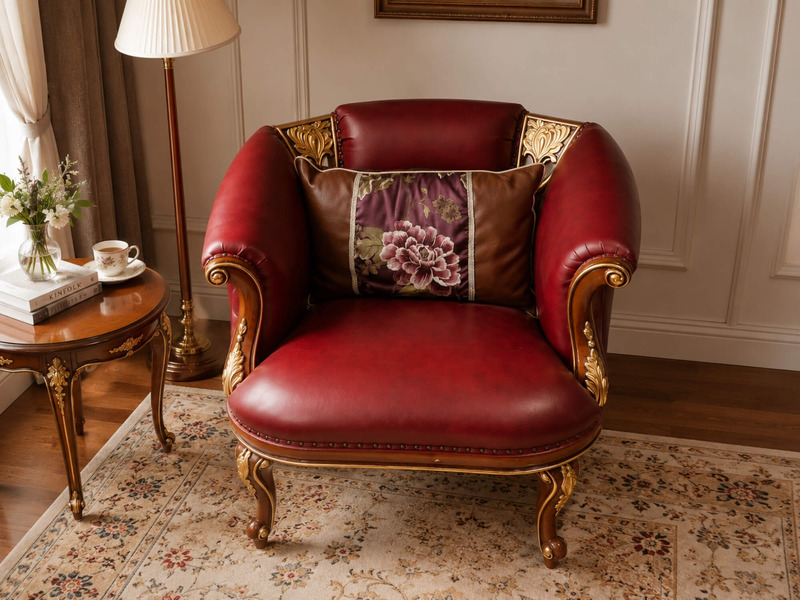 Ghế thư giãn FLORENCE CLASSIC GTG 8802 màu đỏ đô, chụp cận cảnh từ phía trước hơi nghiêng. Ghế nổi bật với đường cong mềm…