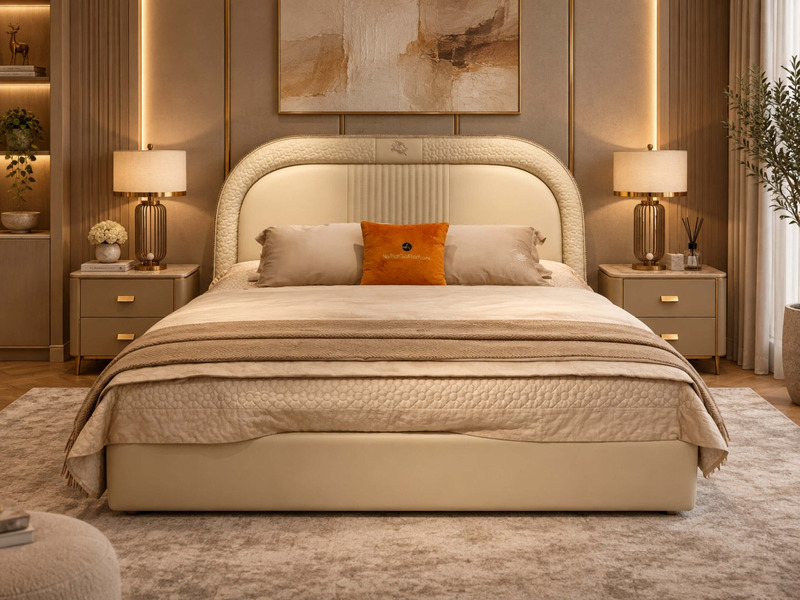 Giường Ngủ Pegasus Luxe GIQF811-18 được đặt trong một phòng ngủ luxury với tông màu kem và nâu ấm áp. Giường bọc da màu ke…