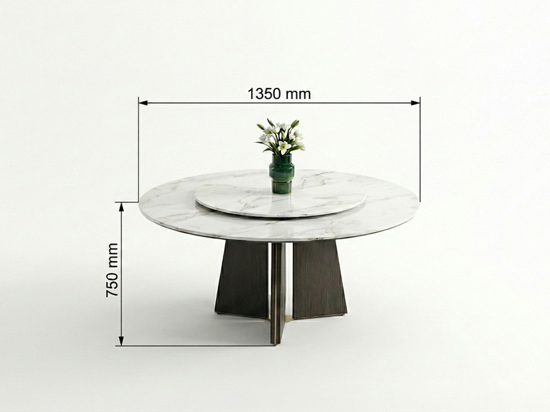 Hình ảnh chi tiết bàn ăn tròn mặt đá tự nhiên BAQ986-135 trên nền trắng studio, hiển thị rõ kích thước đường kính 1350mm v…