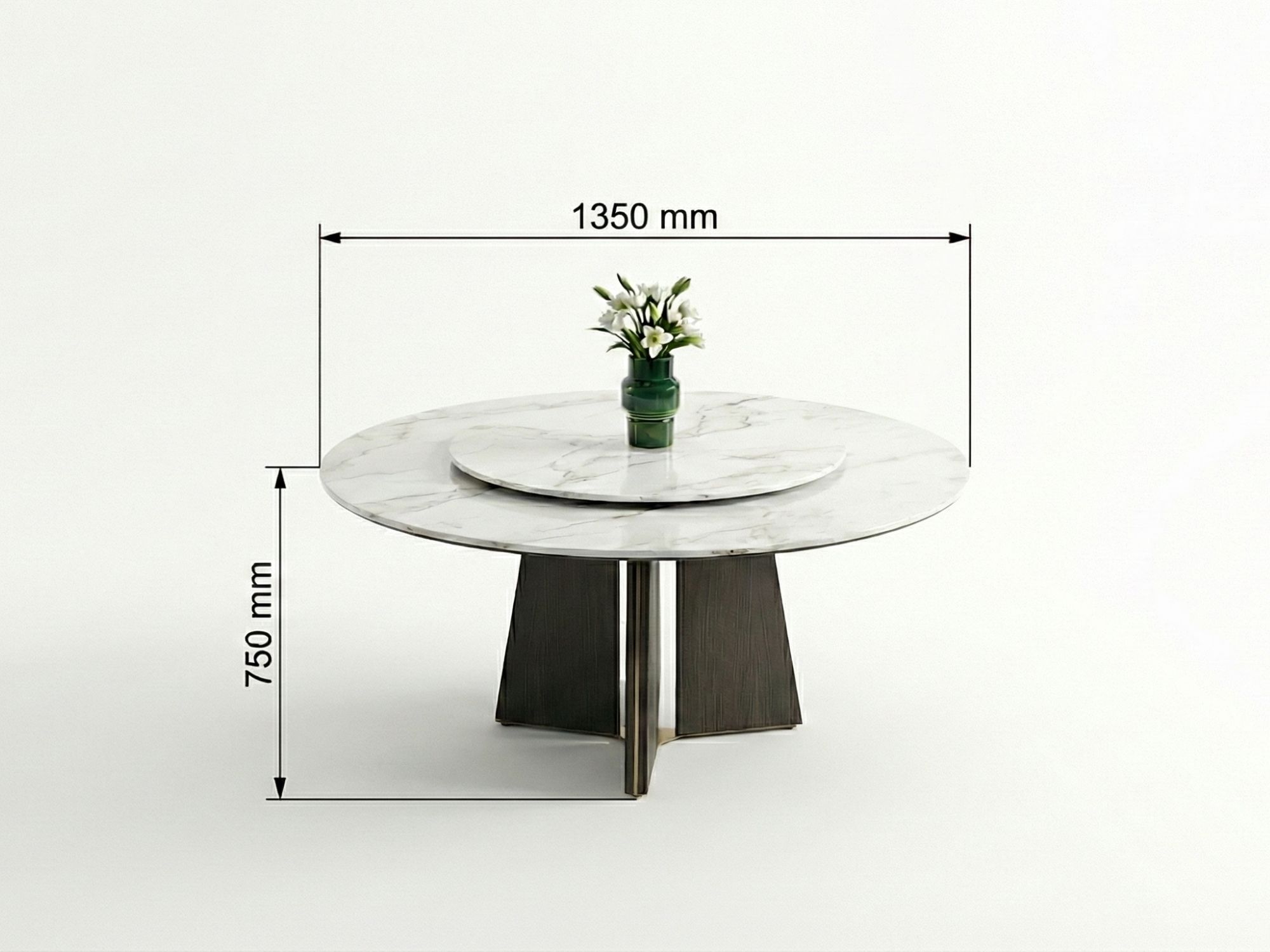 Hình ảnh chi tiết bàn ăn tròn mặt đá tự nhiên BAQ986-135 trên nền trắng studio, hiển thị rõ kích thước đường kính 1350mm v…