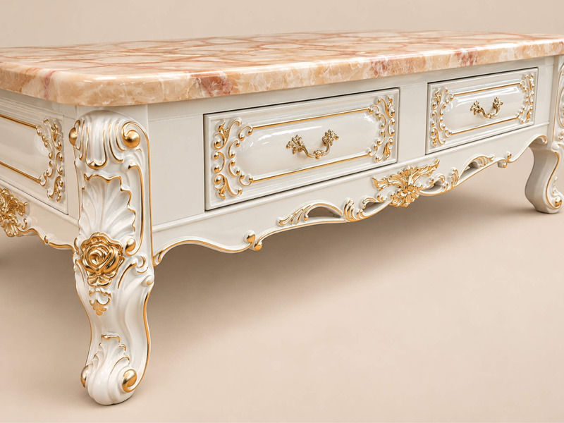 Bàn trà BELLAROSE chụp cận cảnh góc nghiêng, làm nổi bật phần chân bàn cong và các họa tiết chạm khắc mạ vàng tinh xảo tr…