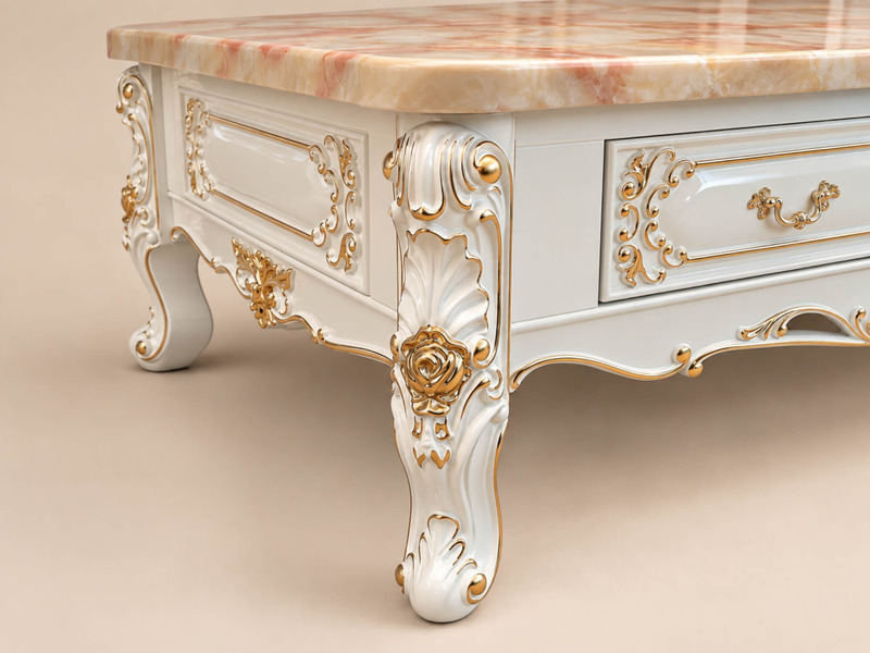 Bàn trà BELLAROSE chụp cận cảnh góc nghiêng, tập trung vào phần chân bàn cong và các ngăn kéo nhỏ với tay nắm mạ vàng. Kh…