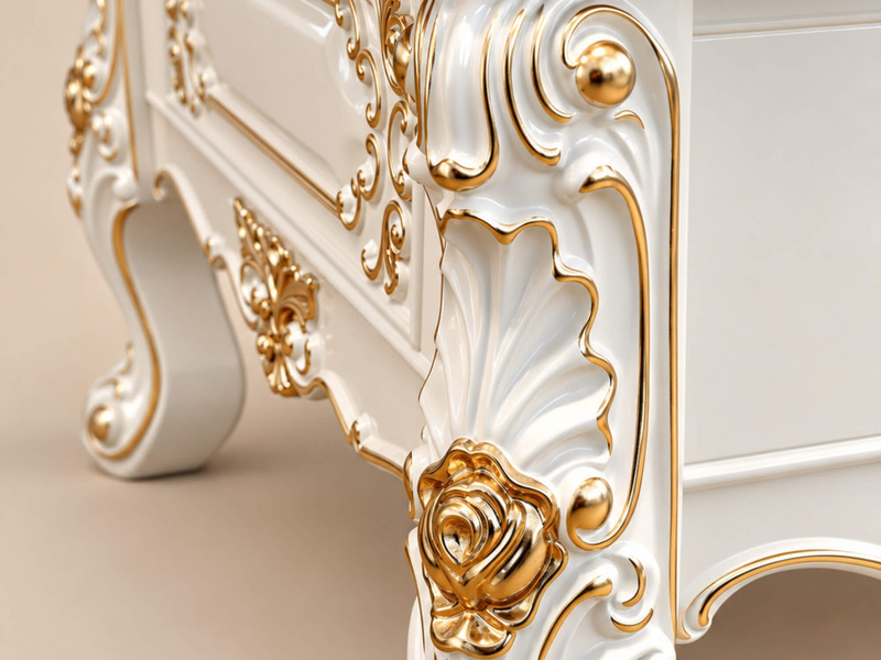 Bàn trà BELLAROSE chụp siêu cận cảnh chi tiết chân bàn và họa tiết mạ vàng trên khung gỗ Sồi OAK màu trắng ngọc trai. Các…