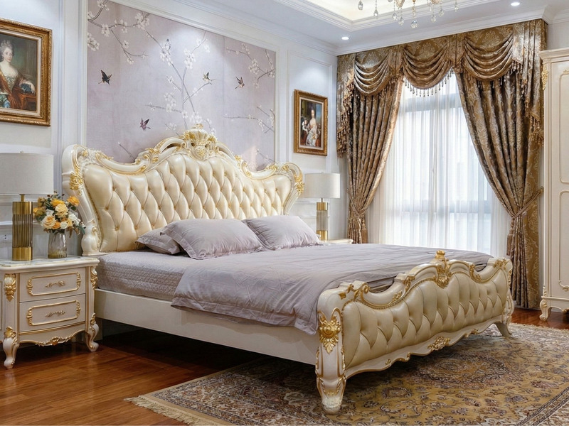 Giường ngủ tân cổ điển Aurelisse GIB68-20 màu trắng ngọc trai, đặt trong phòng ngủ sang trọng với tường họa tiết và rèm cử…