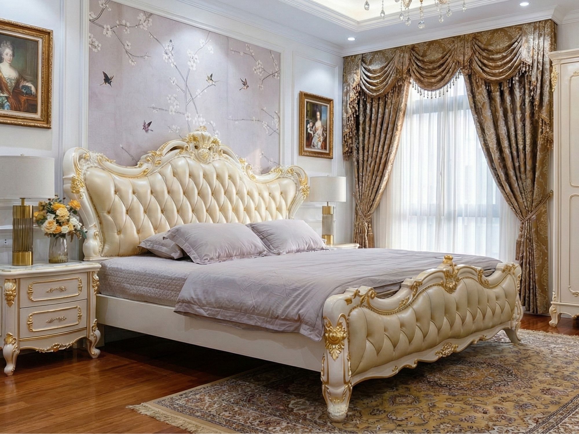 Giường ngủ tân cổ điển màu trắng ngọc trai phong cách nhẹ nhàng tại showroom Gia Khánh