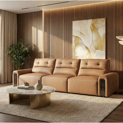 Ghế sofa chỉnh điện SF8144 màu nâu be đặt trong phòng khách hiện đại, chụp từ góc rộng phía trước. Sofa có thiết kế băng d…