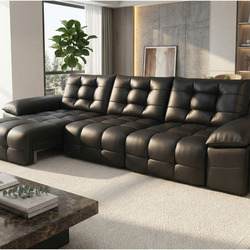 Ghế sofa chỉnh điện SF201 màu đen, bọc da bò tự nhiên, kiểu dáng chữ L hiện đại. Sofa đặt trong phòng khách sang trọng với…