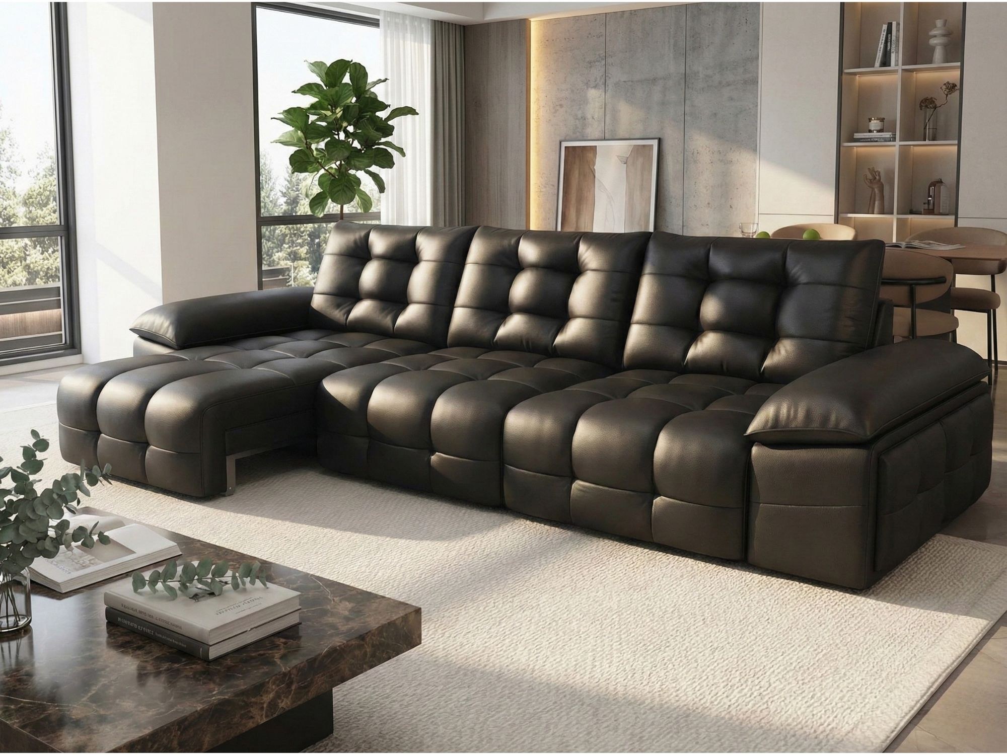 Ghế sofa chỉnh điện SF201 màu đen, bọc da bò tự nhiên, kiểu dáng chữ L hiện đại. Sofa đặt trong phòng khách sang trọng với…