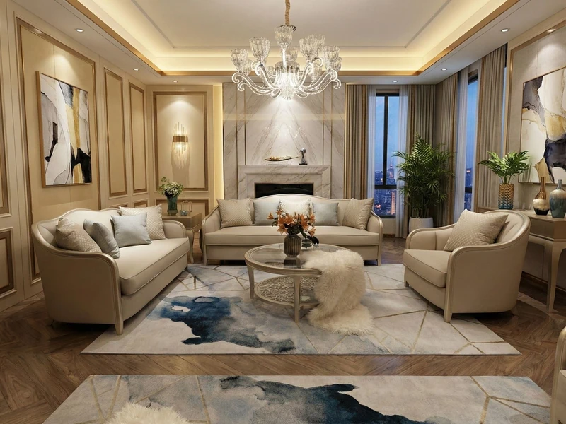Toàn cảnh bộ sofa phong cách Mỹ SBM203-123 đặt trong không gian phòng khách sang trọng, hiện đại. Bộ sofa màu be nhạt gồm…
