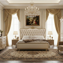 Toàn cảnh phòng ngủ luxury với giường GI2803-18 là trung tâm, đầu giường bọc da rút múi màu kem, khung gỗ sồi sơn vàng nhạ…