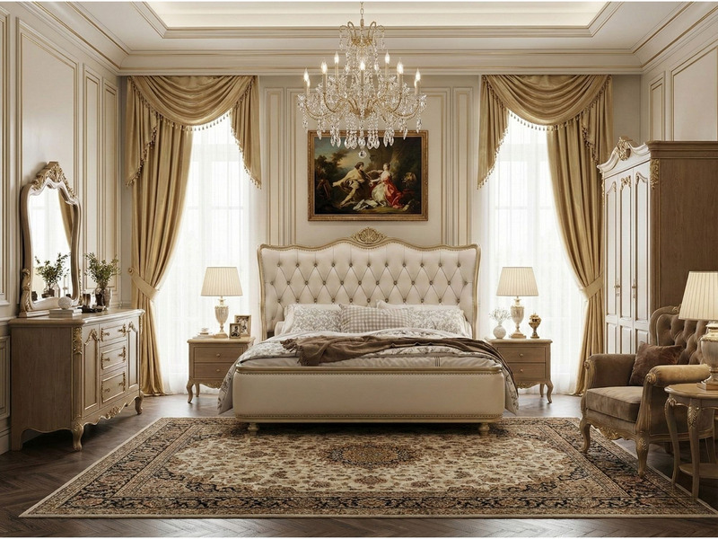 Toàn cảnh phòng ngủ luxury với giường GI2803-18 là trung tâm, đầu giường bọc da rút múi màu kem, khung gỗ sồi sơn vàng nhạ…