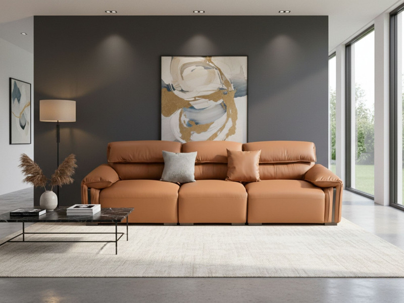 Sofa băng SF9001 màu nâu da bò đặt trong không gian phòng khách hiện đại. Góc chụp toàn cảnh từ phía trước, sofa có ba đệm…