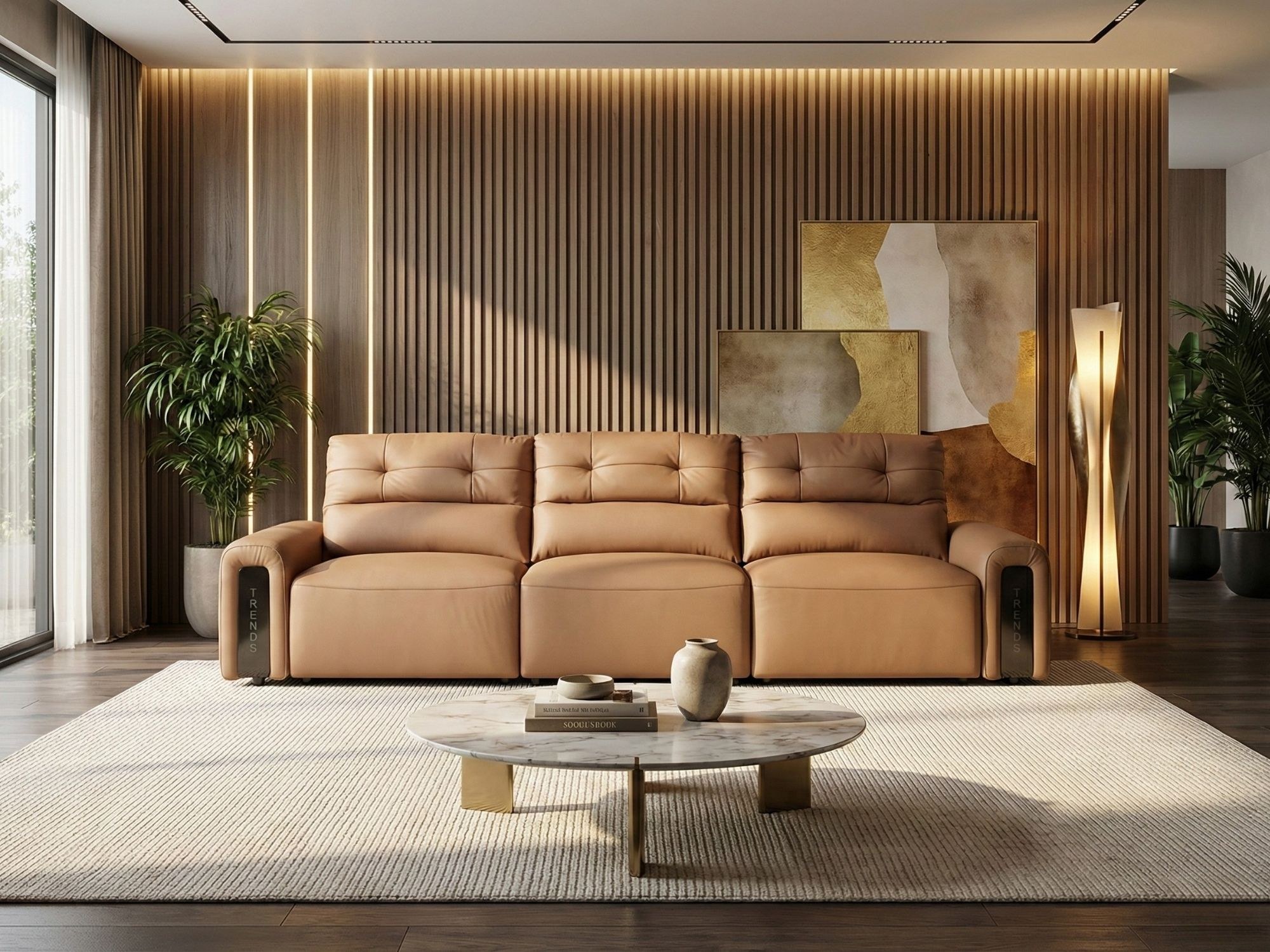 Ghế sofa chỉnh điện SF8144 màu nâu be đặt trong phòng khách hiện đại, nhìn trực diện. Sofa có ba chỗ ngồi, bọc da bò tự nh…