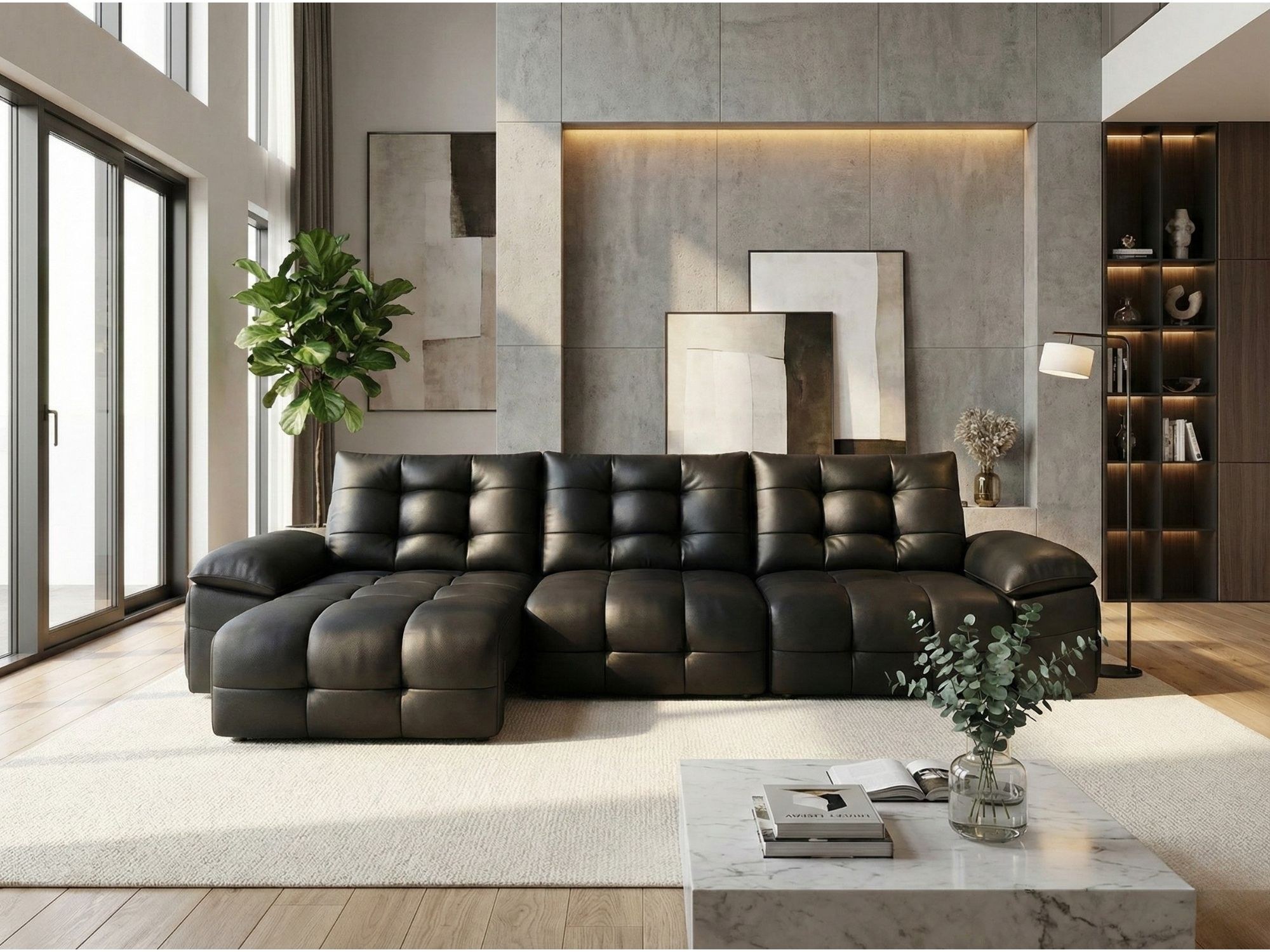 Ghế sofa chỉnh điện SF201 màu đen sang trọng, đặt trong không gian phòng khách hiện đại tràn ngập ánh sáng tự nhiên từ cửa…