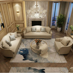 Góc nhìn từ trên cao xuống toàn bộ không gian phòng khách với bộ sofa SBM203-123 màu be nhạt. Bố cục gồm sofa băng, ghế đơ…