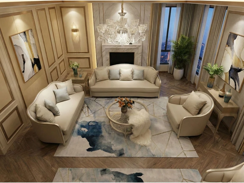 Góc nhìn từ trên cao xuống toàn bộ không gian phòng khách với bộ sofa SBM203-123 màu be nhạt. Bố cục gồm sofa băng, ghế đơ…