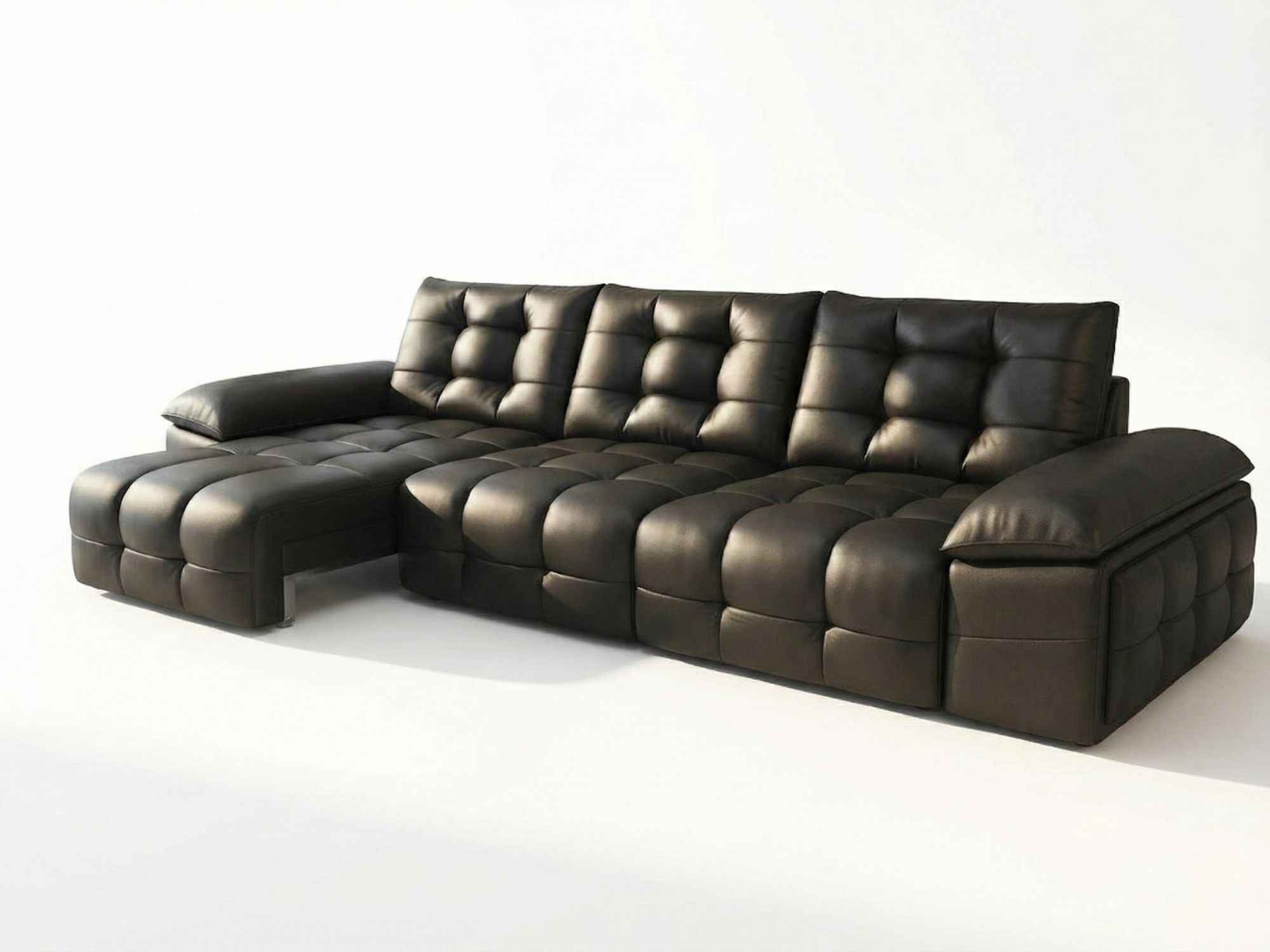 Ghế sofa chỉnh điện SF201 màu đen tuyền, chụp trên nền trắng tinh khôi, làm nổi bật kiểu dáng chữ L hiện đại. Bề mặt da bò…