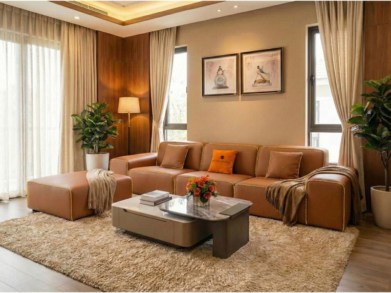 Sofa băng SFA38-32 ba chỗ ngồi và đôn đi kèm, bọc da bò màu nâu caramel, được đặt trong không gian phòng khách hiện đại. G…