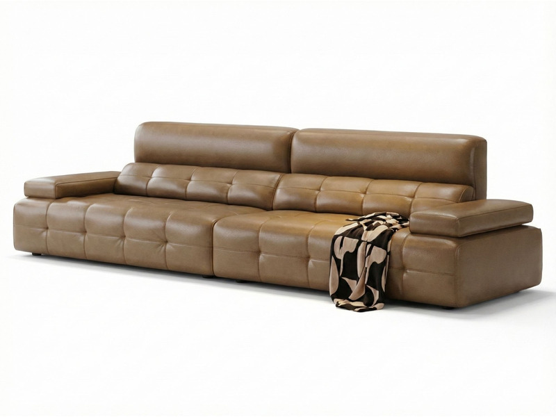 Sofa băng SF-A80 màu nâu da bò được chụp chính diện trên nền trắng tinh khiết, làm nổi bật kiểu dáng hiện đại và màu sắc ấ…