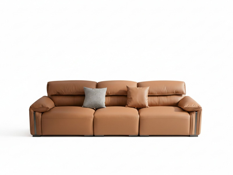 Sofa băng nhập khẩu SF9001 màu nâu da bò chụp chính diện trên nền trắng tinh khiết. Sofa có thiết kế tối giản với ba đệm n…