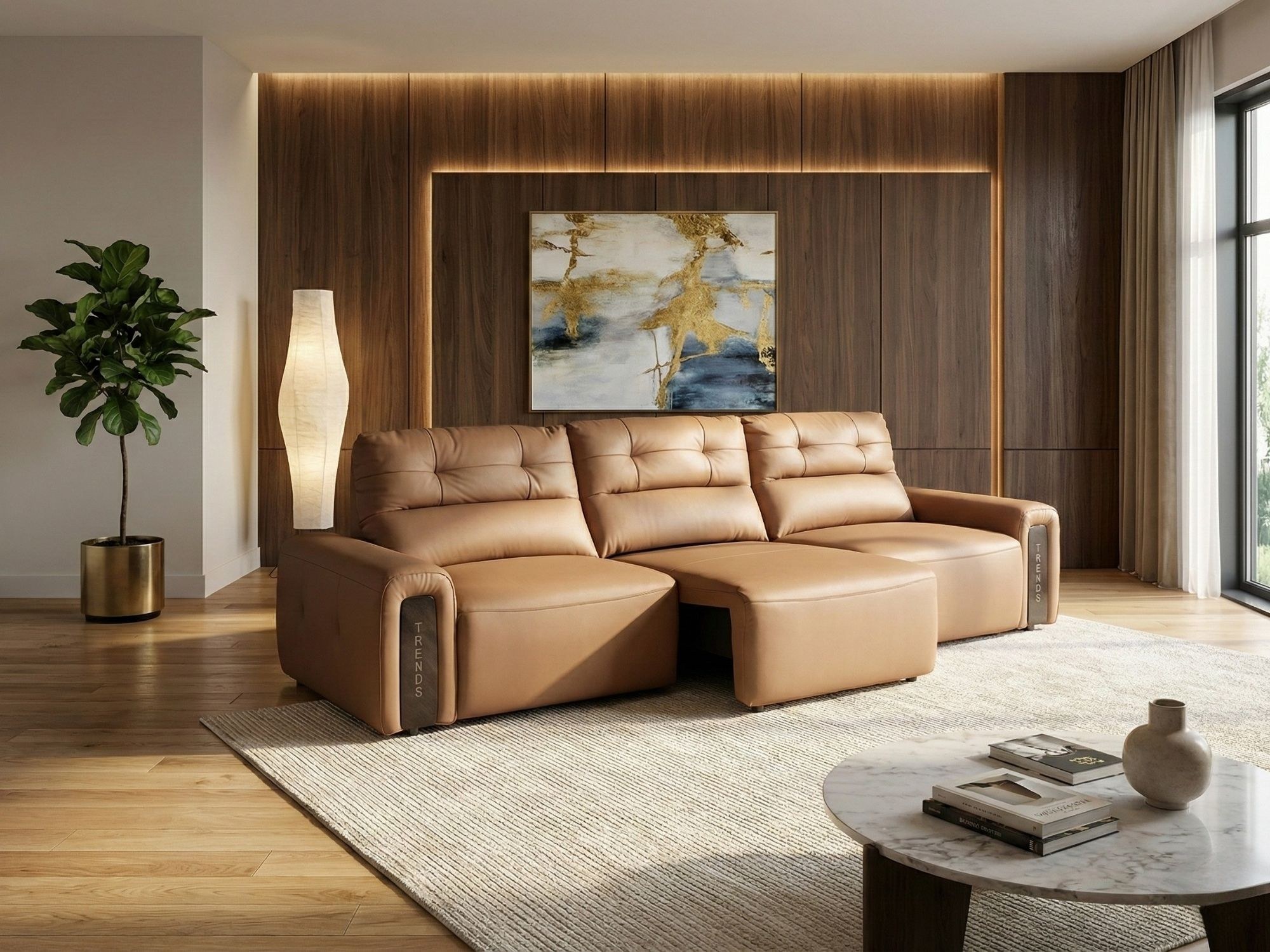 Ghế sofa chỉnh điện SF8144 màu nâu be chụp từ góc nghiêng, đặt trong phòng khách hiện đại. Sofa có cấu hình chữ L với đôn…