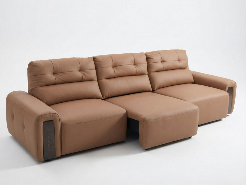 Ghế sofa chỉnh điện SF8144 màu nâu be chụp từ góc trên cao, nhìn nghiêng. Sofa có cấu hình chữ L với một đôn dài tiện lợi…