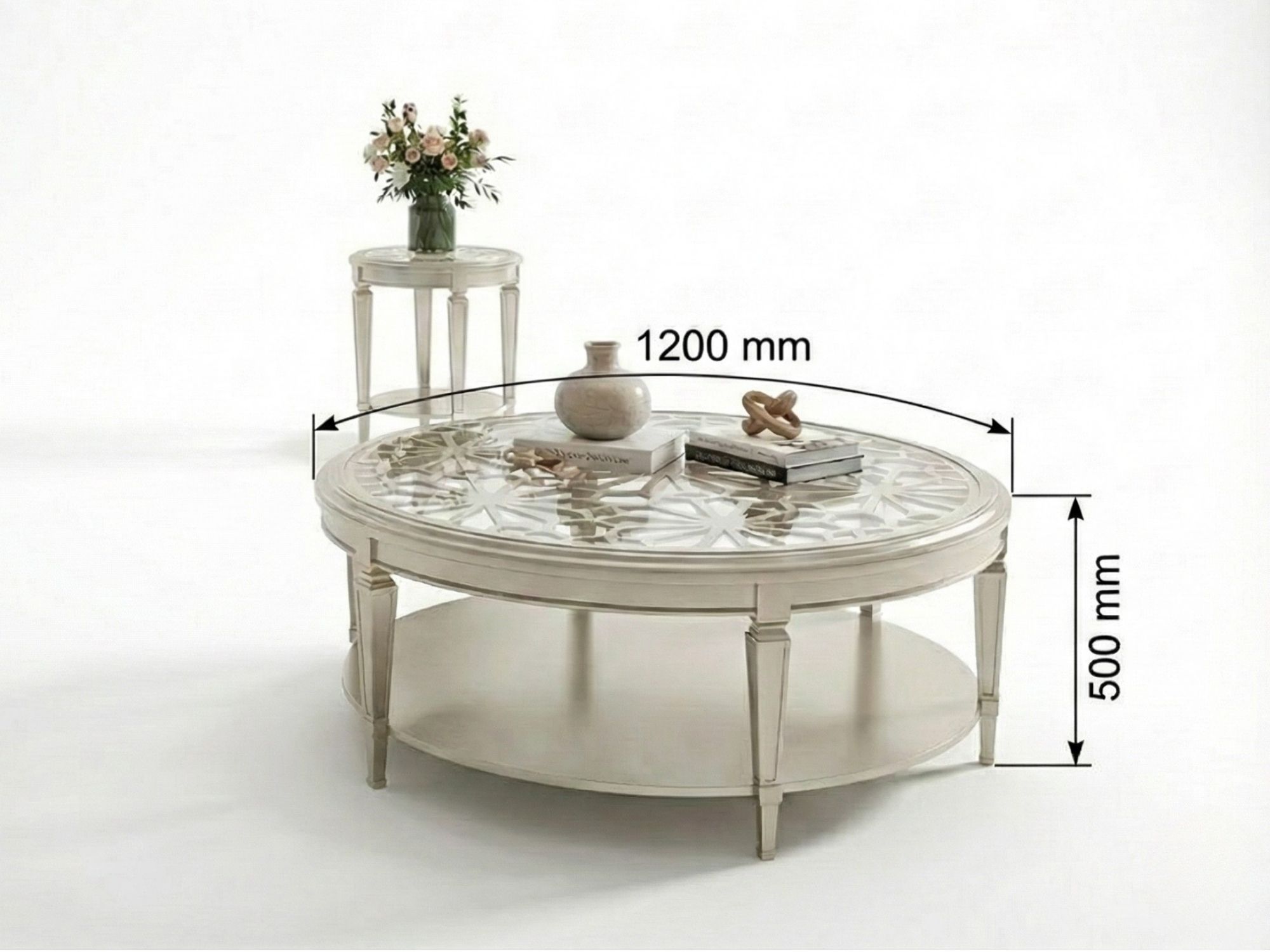 Bàn trà tròn BTCJ001-12 được chụp trên nền trắng, minh họa rõ ràng kích thước đường kính 1200mm và chiều cao 500mm. Mặt kí…