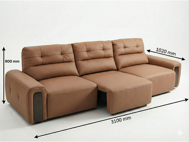 Ghế sofa chỉnh điện SF8144 màu nâu be chụp từ góc trên cao, hiển thị kích thước tổng thể L3100*W1020*900MM với các mũi tên…
