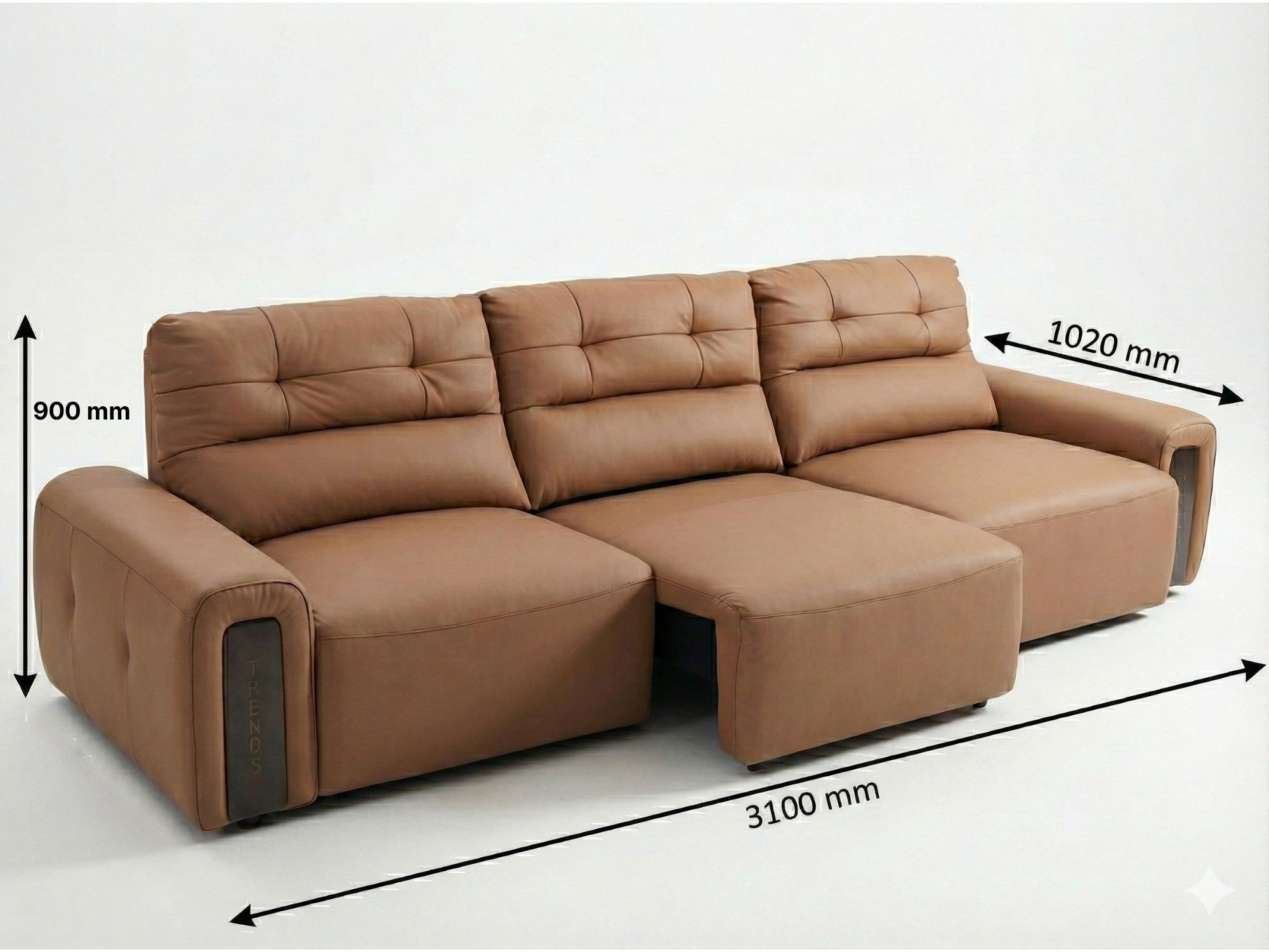 Ghế sofa chỉnh điện SF8144 màu nâu be chụp từ góc trên cao, hiển thị kích thước tổng thể L3100*W1020*900MM với các mũi tên…