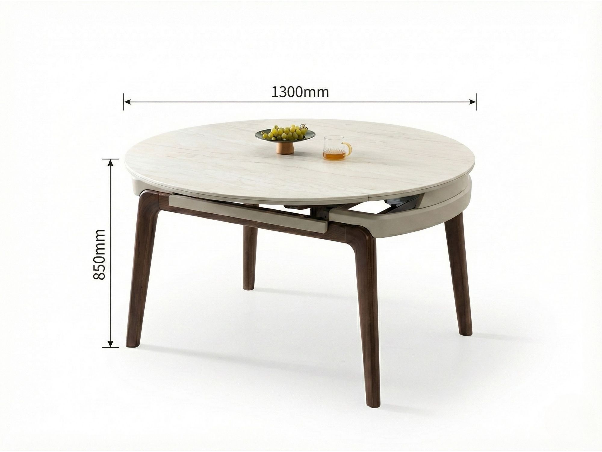 Bàn ăn thông minh mặt đá tròn với chú thích kích thước 1300mm (đường kính) và 850mm (chiều cao) trên nền trắng studio. Mặt…