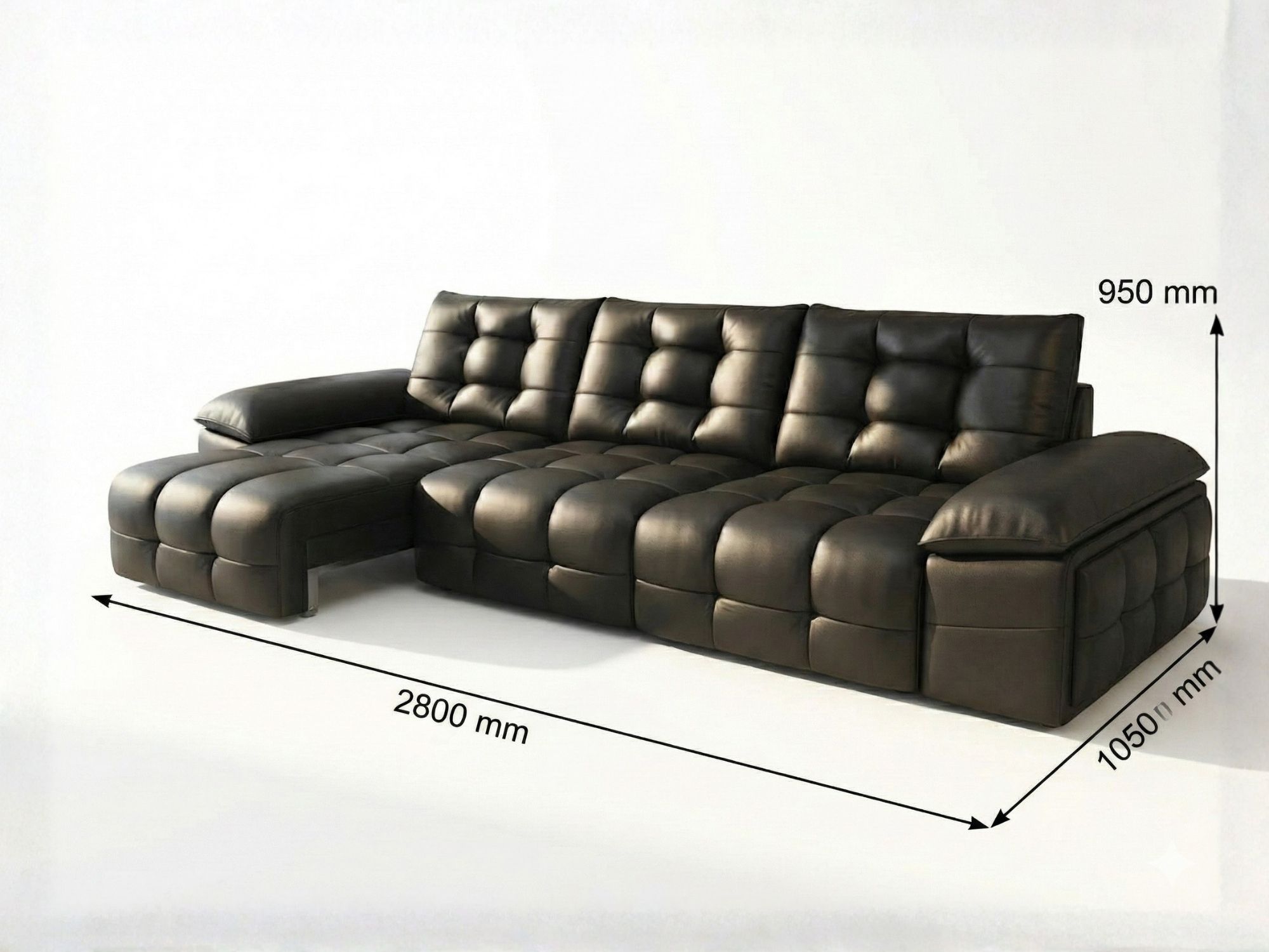 Ghế sofa chỉnh điện SF201 màu đen, chụp trên nền trắng với chú thích kích thước chi tiết: dài 2800mm, rộng 1050mm, cao 950…