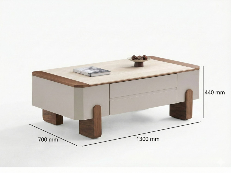 Bàn trà BTKT8602-13 được chụp từ góc nghiêng với các chú thích kích thước chi tiết: chiều dài 1300mm, chiều rộng 700mm và…