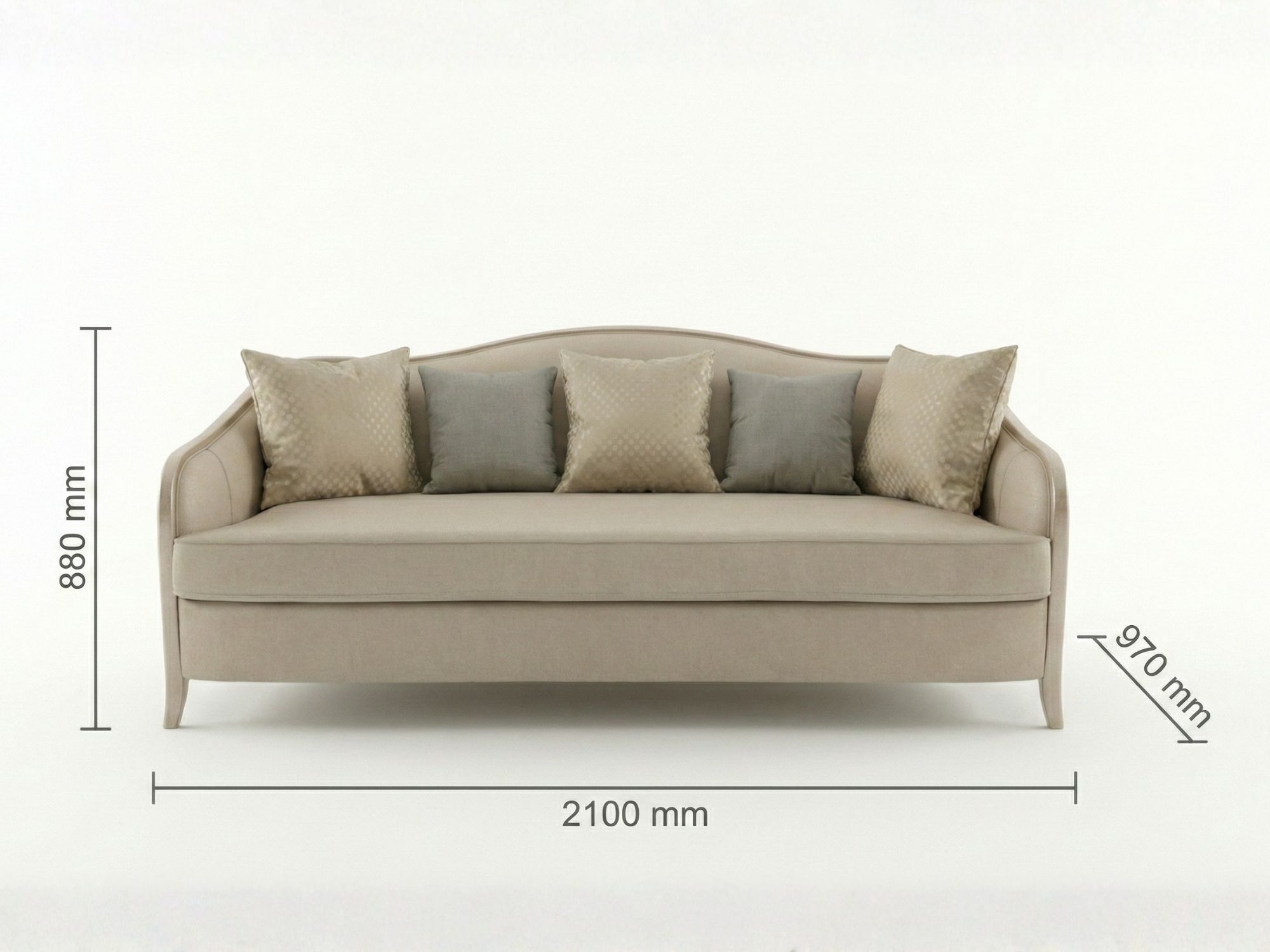 Hình ảnh kỹ thuật của ghế sofa băng 3 chỗ trong bộ SBM203-123, hiển thị rõ các thông số kích thước: chiều dài 2100mm, chiề…