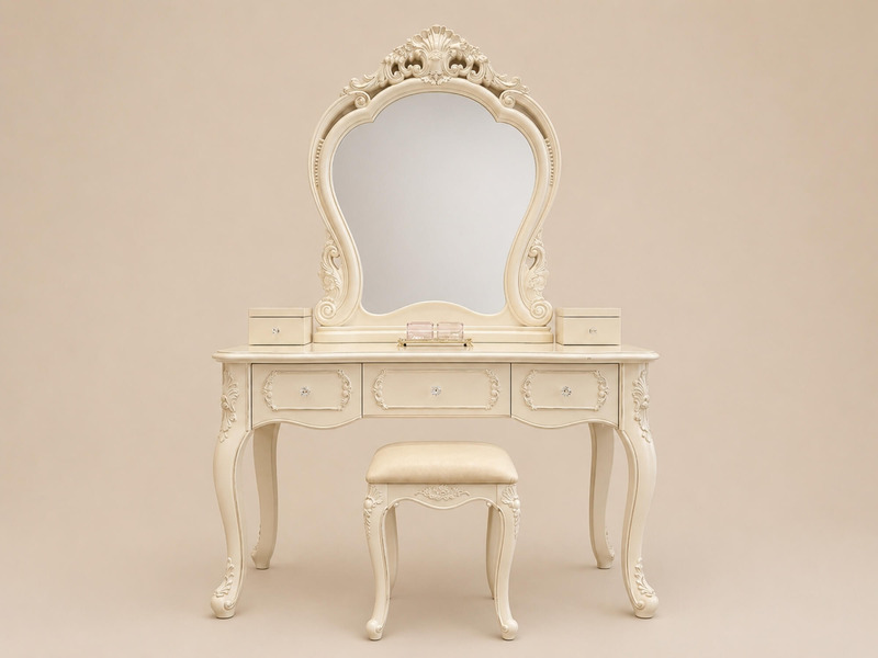 Bàn trang điểm ÉLAN ROYALE DBC01-12 màu trắng ngọc trai, phong cách tân cổ điển, chụp chính diện trên nền trơn. Gương oval…