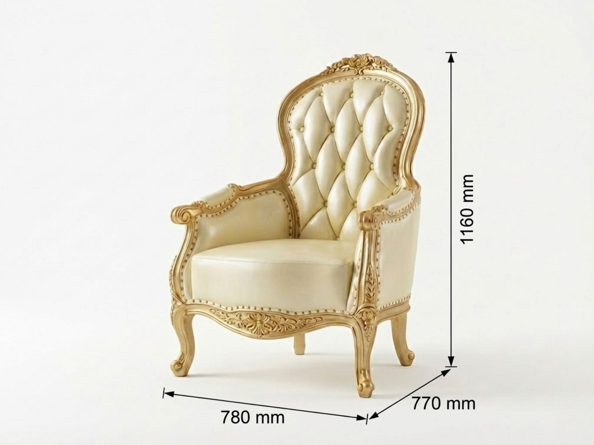 Ghế thư giãn GT01-NT được chụp nghiêng, hiển thị rõ các kích thước chiều rộng 770mm, chiều sâu 780mm và chiều cao 1160mm…