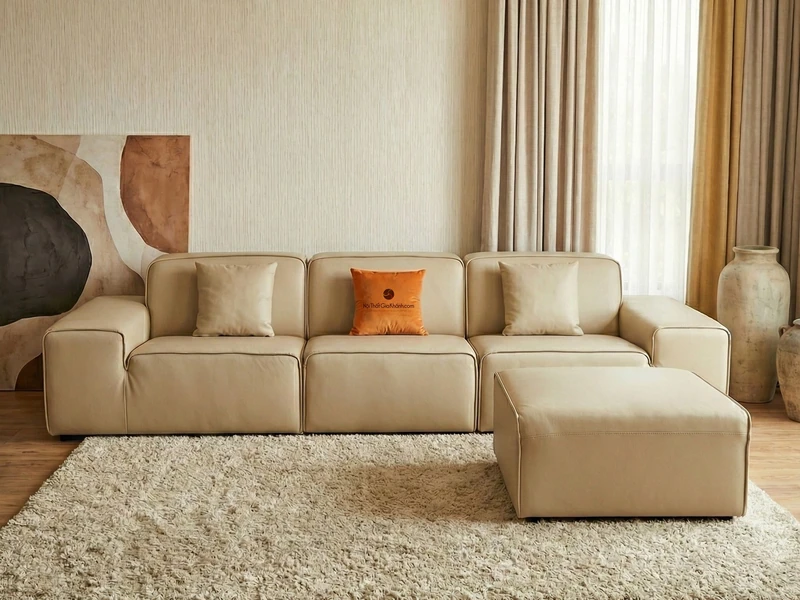 Sofa Băng Phong Cách Ý Da Bò 100% SFA38-32 Kèm Đôn