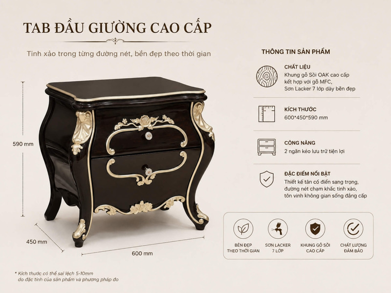 Hình ảnh táp đầu giường TA8803G được đặt trên nền trắng, kèm theo thông số kỹ thuật chi tiết về kích thước (600x450x590 mm…