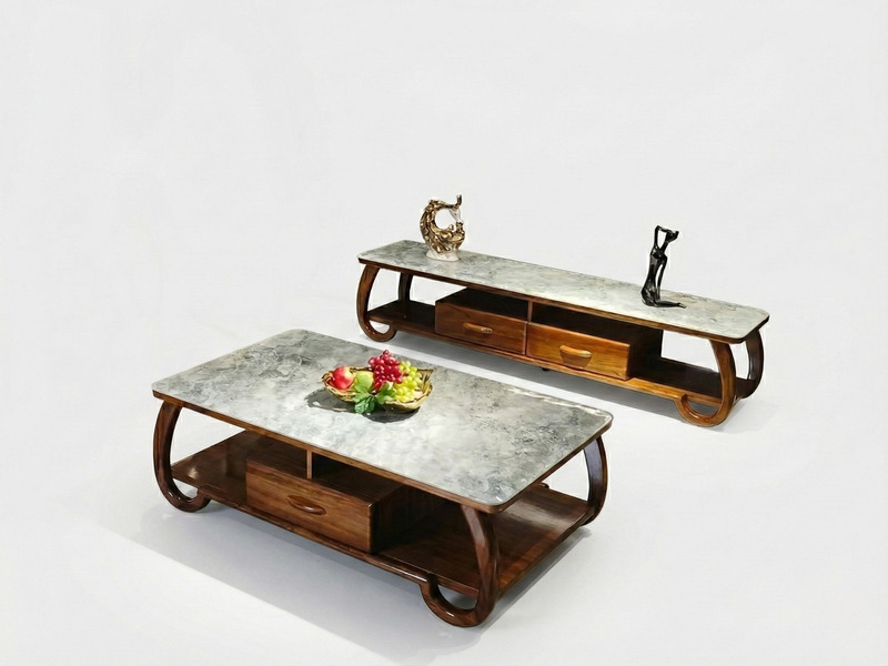 Bộ bàn trà và kệ tivi W2113 phong cách hiện đại, chụp từ góc trên cao, hơi chếch trên nền trắng studio. Cả hai sản phẩm đề…