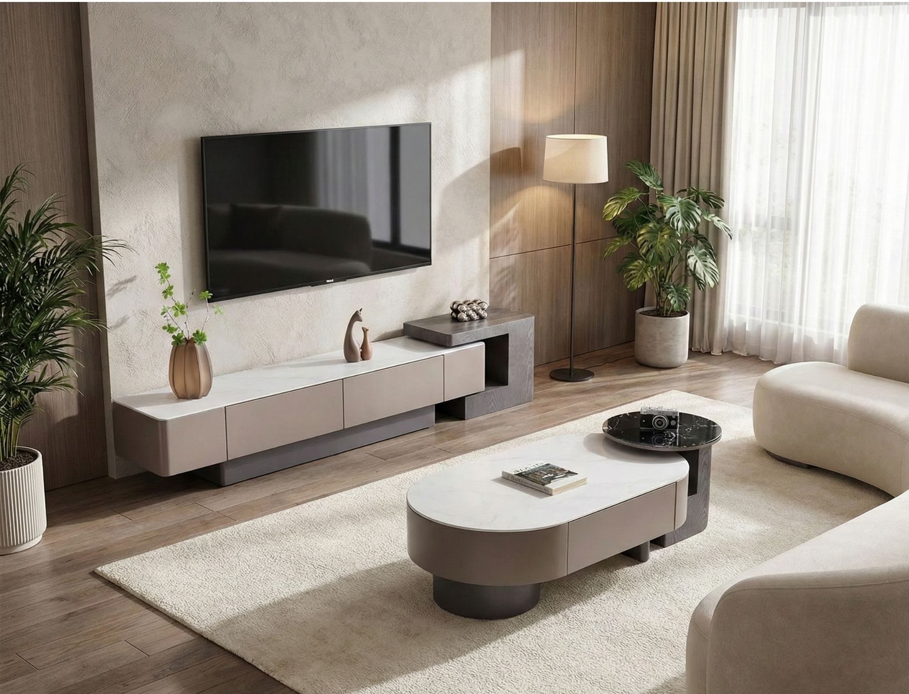 Bàn trà đôi LUNEA và kệ tivi đồng bộ trong không gian phòng khách hiện đại, với sofa màu kem, thảm trải sàn và cây xanh. T…