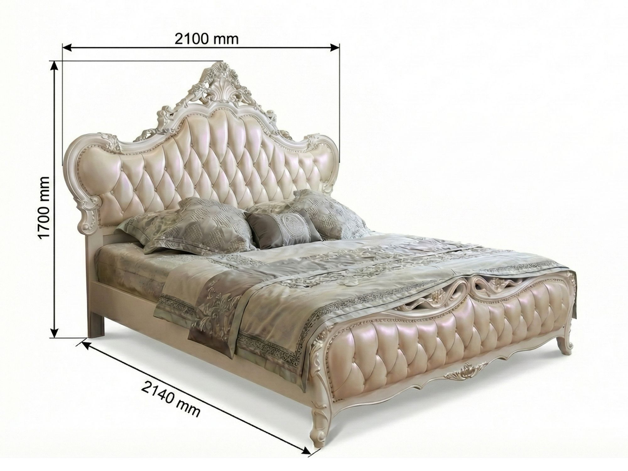 Giường ngủ tân cổ điển GIB02-18 được chụp với các đường kích thước L2140*W2100*H1700MM rõ ràng trên nền trắng. Giường có đ…