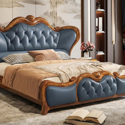 Giường ngủ gỗ mun GIW159-18 phong cách tân cổ điển, chụp chính diện. Đầu giường và chân giường bọc da màu xanh đậm chần nú…