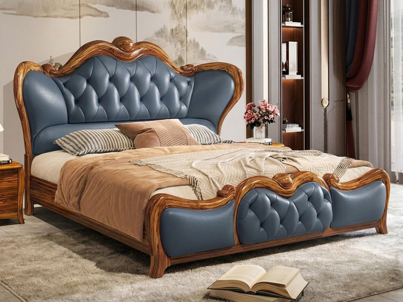 Giường ngủ gỗ mun GIW159-18 phong cách tân cổ điển, chụp chính diện. Đầu giường và chân giường bọc da màu xanh đậm chần nú…