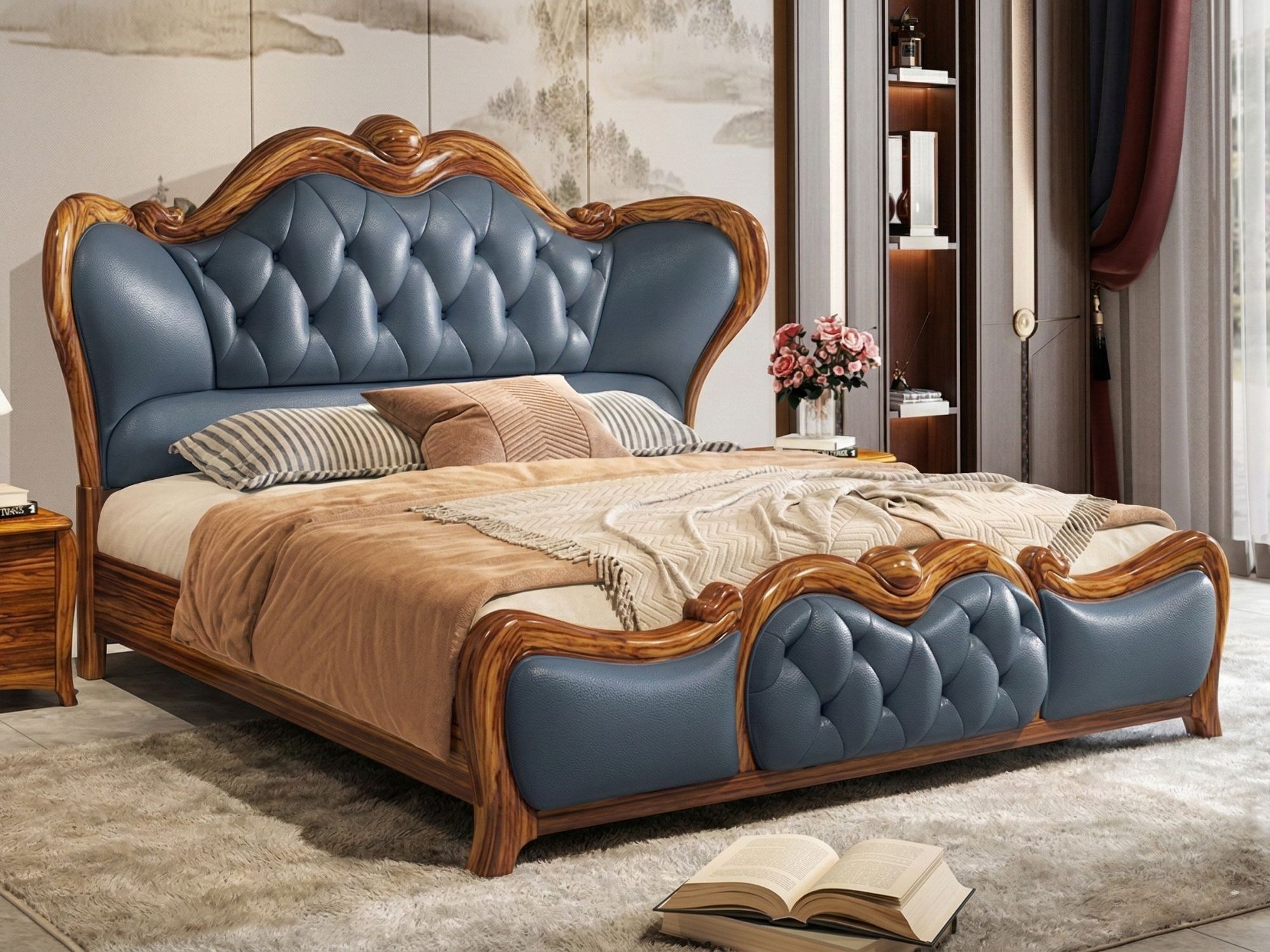 Giường ngủ gỗ mun GIW159-18 phong cách tân cổ điển, chụp chính diện. Đầu giường và chân giường bọc da màu xanh đậm chần nú…