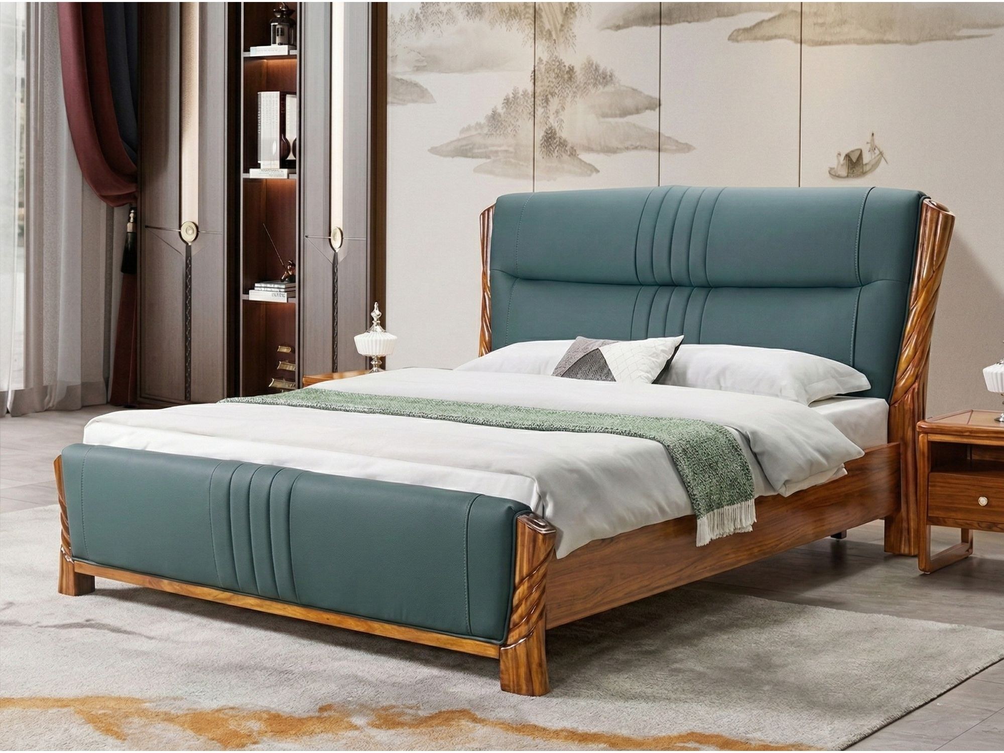 Giường ngủ gỗ mun bọc da màu xanh rêu, được chụp từ góc chếch phía trước bên trái, làm nổi bật thiết kế đầu giường cao, co…