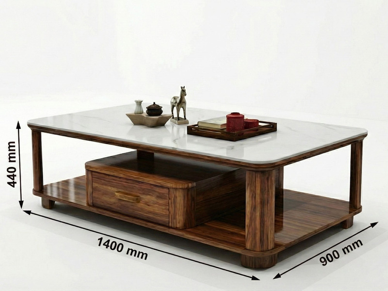 Bàn trà gỗ Mun K-KD2103 được chụp với các chú thích kích thước chi tiết: dài 1400mm, rộng 800mm, cao 440mm. Thiết kế hiện…